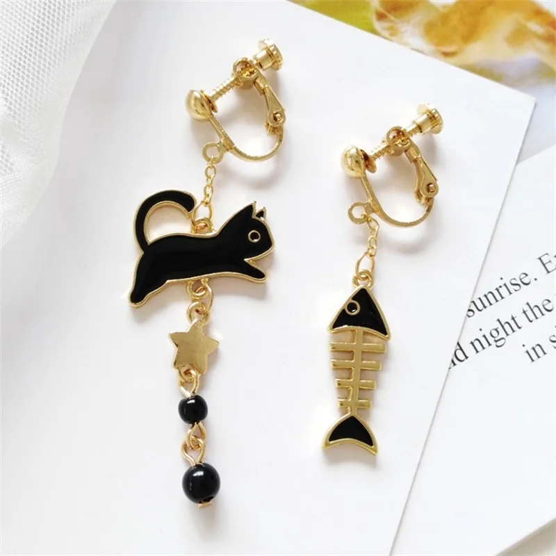Style-4 ear clip Японские и корейские асимметричные длинные серьги с забавными котами, рыбками и костями, модные геометрические серьги с круглым жемчугом, Женские Ювелирные изделия - Окраска металла: Style-4 ear clip