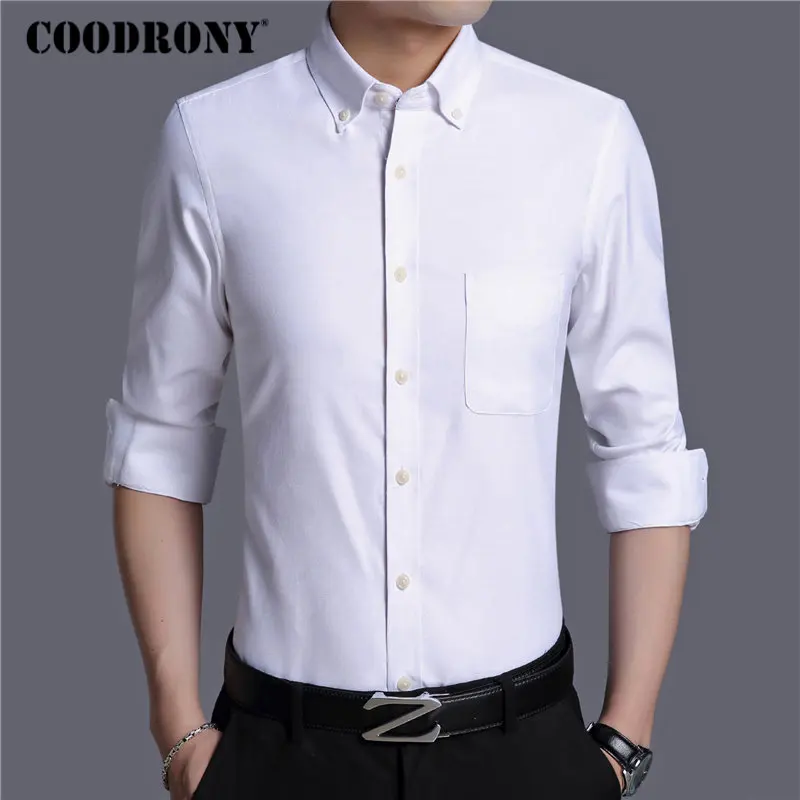 Бренд COODRONY, мужская рубашка, осень, облегающая, длинный рукав, мягкая, хлопок, рубашка, мужская, деловая, повседневная, рубашка с карманом, 96063 - Цвет: Белый