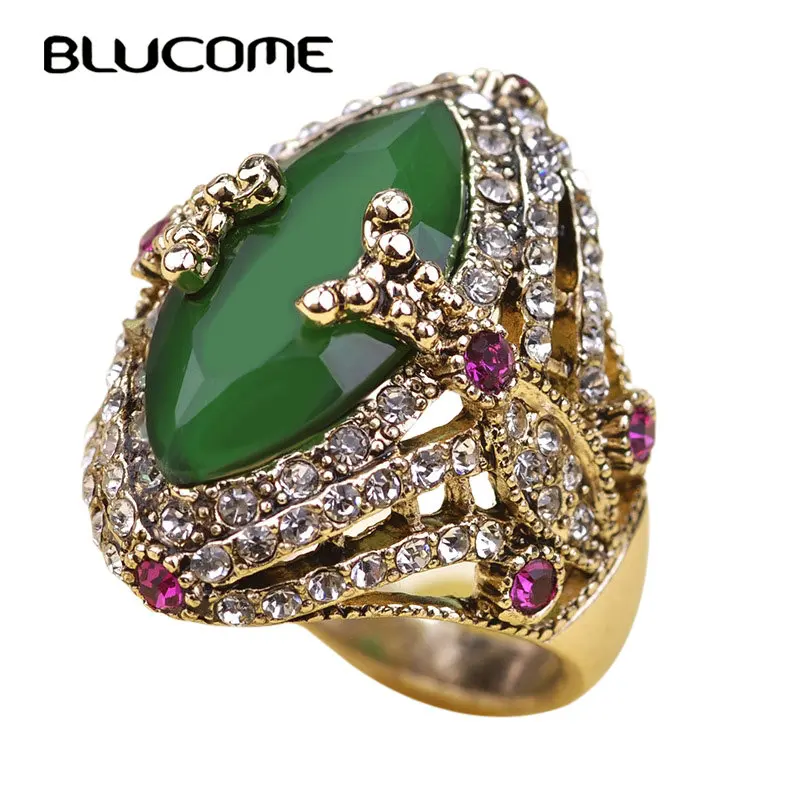

Blucome Vintage Turkish Jewelry Big Size Green Ring Resin Wedding Rings Turco Rhinestone Women Accessories 2018 Brand Bijuterias