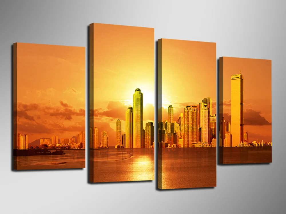 

4 panel Beautiful City With Sunset Large Picture Modern Home Wall Decor Canvas Print Painting For House Decorate Without Frame