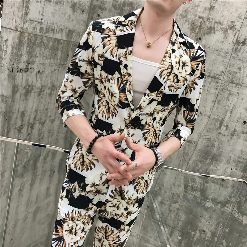 

LOLDEAL Summer Dress Thin Personality Floral Men's Suit Comfortable Cotton and Linen Slim Sleeves Suit