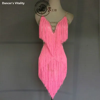 pink Роскошное платье для латинских танцев для женщин, платье с кисточками для латинских танцев, платье для латинских танцев, одежда для латинских танцев 120-180 см - Цвет: pink