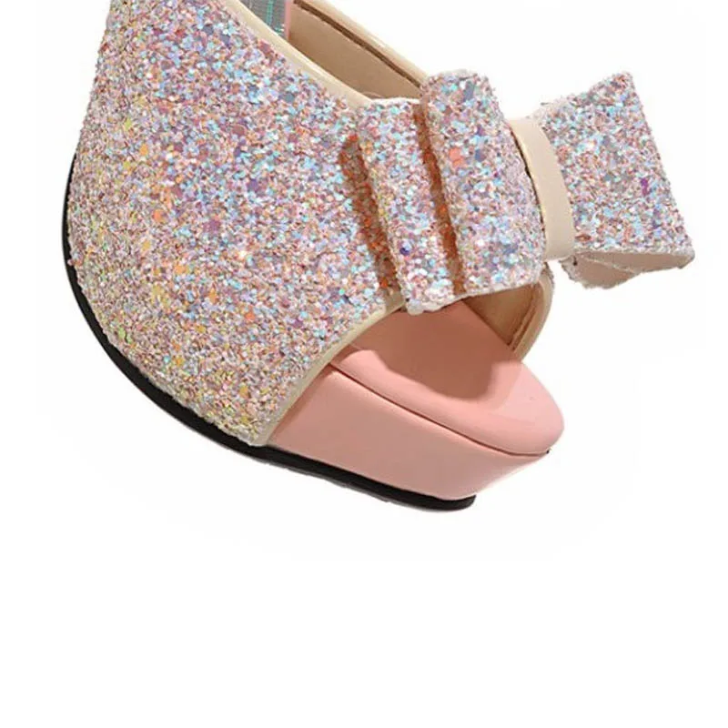 Женские босоножки на высоком каблуке с бантиком Новинка 2018 года Летние блестящие