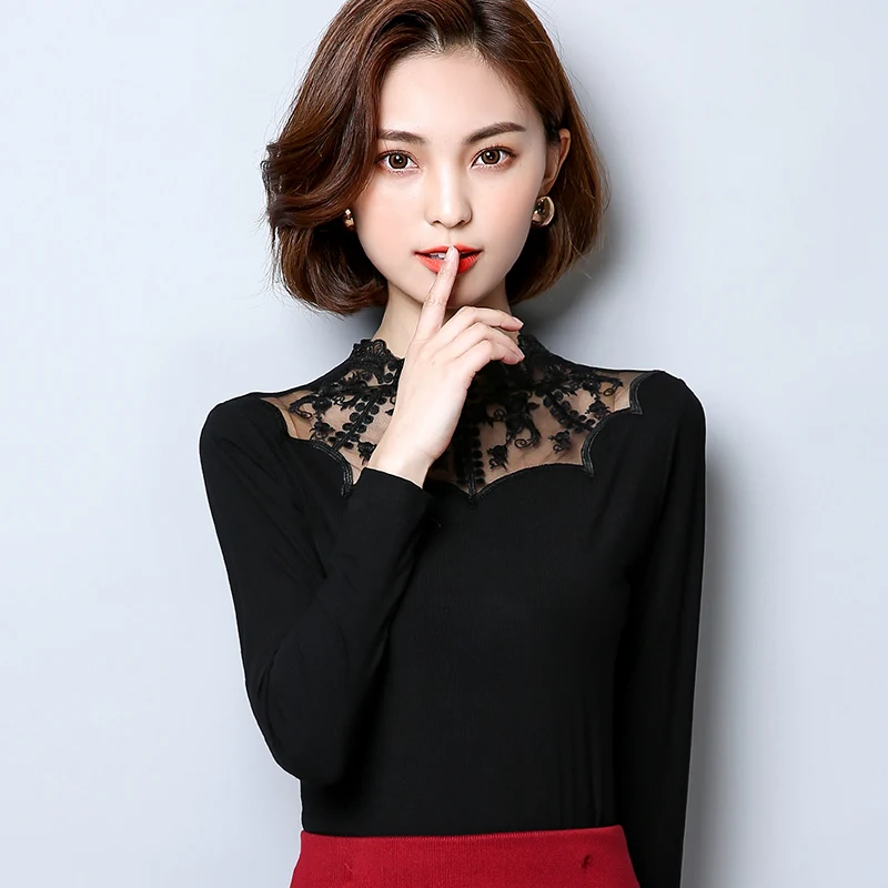 DHfinery top women spring autumn wild hollow lace collar Flower embroidery black one size long sleeve warm  H8983