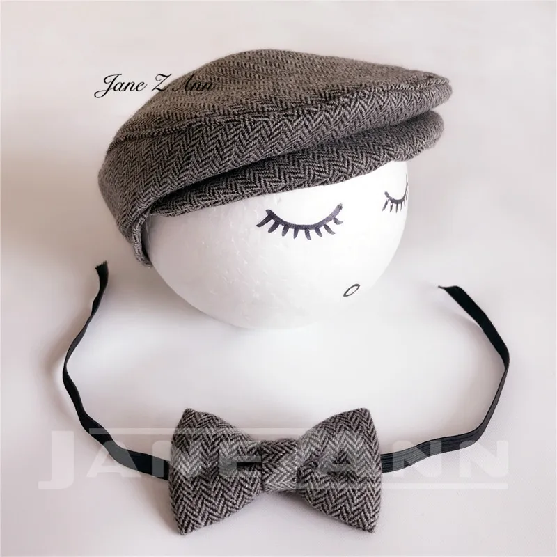 black gray Джейн Z Ann бутафория для фотографирования для маленьких мальчиков берет шляпа+ галстук-бабочка комплект новорожденных реквизит для фотографии новорожденных Кепка джентльмена Одежда для фотосессии - Цвет: black gray