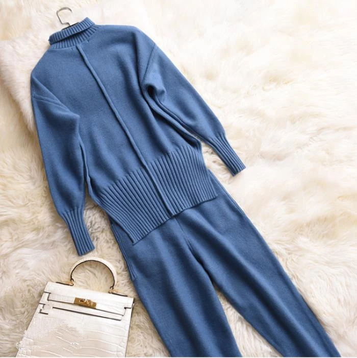 

2018 Time-limited Full Turtleneck Drawstring Spring New Woman Suit Simple High Collar Solid Color Knitted Two Sets Of Female