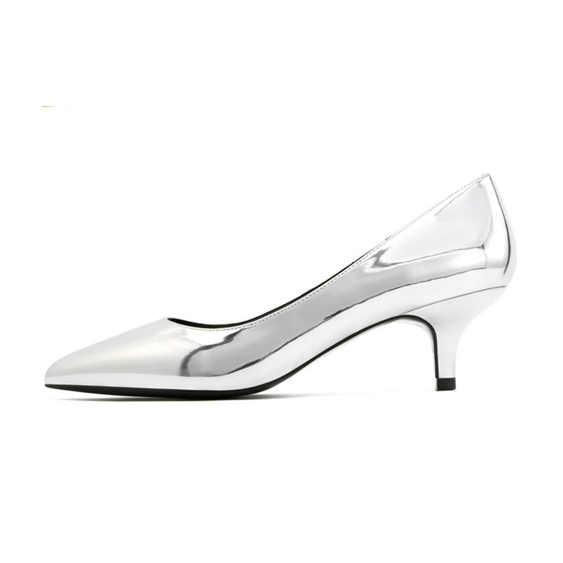 Серебристые женские туфли лодочки 5 см с острым носком на среднем каблуке модная