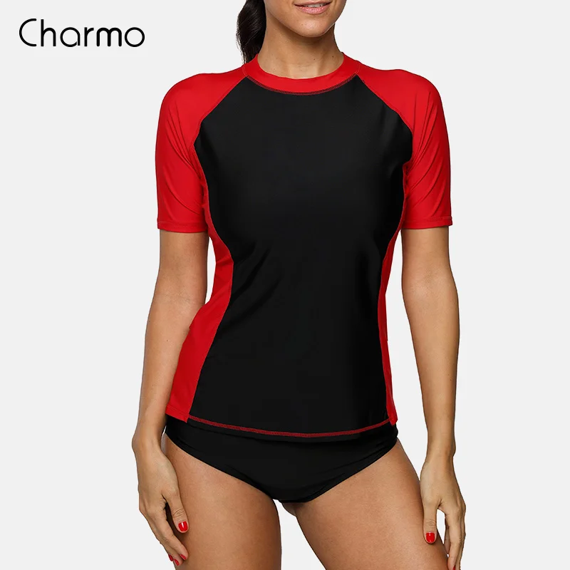 RED Charmo, женские рубашки с коротким рукавом, Рашгард, купальник для серфинга, топ UPF 50+, рубашка для бега, велосипедная рубашка, купальник, костюм для серфинга - Цвет: RED