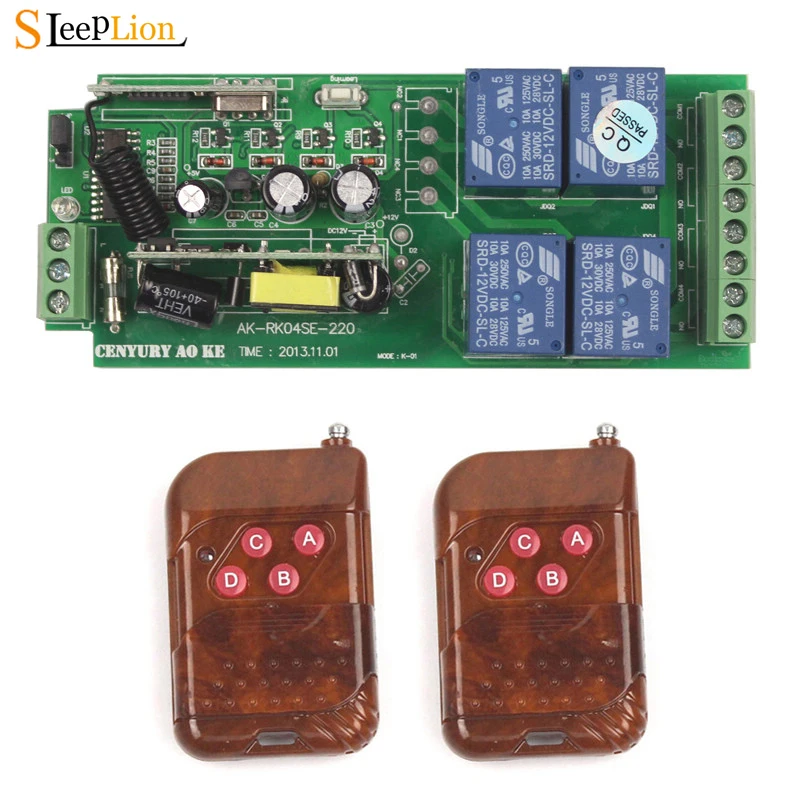 

Sleeplion 315/433MHz 85-250V 110V 220V 4CH Wireless Remote Control Switch Relay Receiver Module 4 Channel RF Transmitter