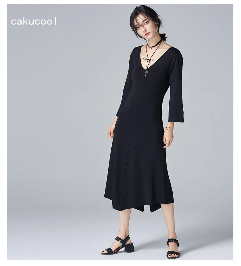Cakucool вязаное платье Для женщин Весна v образным вырезом пикантные Vestido Корея