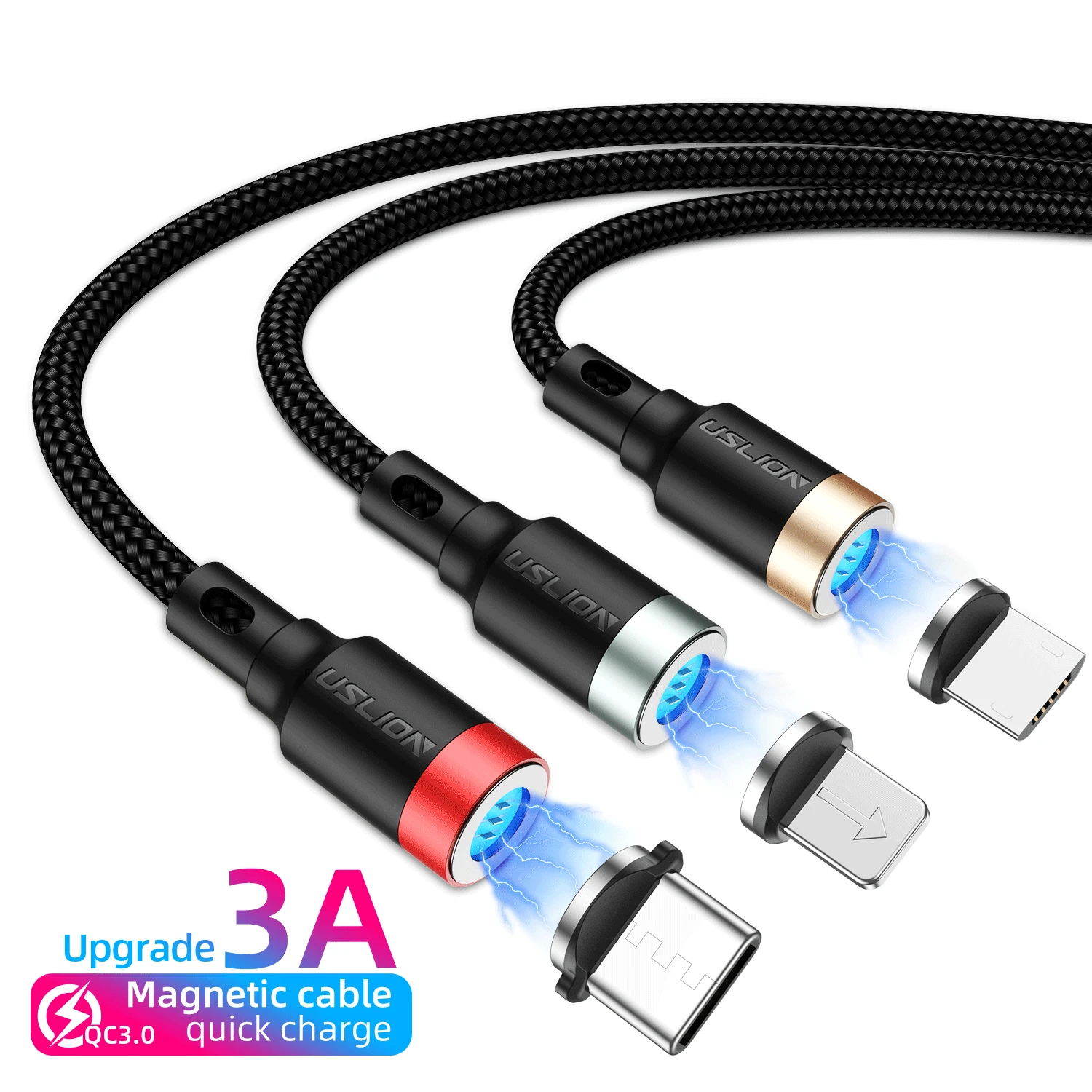 USLION светодиодный магнитный кабель Micro USB Type C QC3.0 3A Быстрая зарядка для iPhone XS 8 7 Huawei