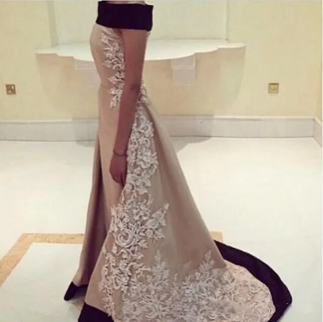 2016 Evening Dresses Off Shoulder Lace Appliques Detachable Arabic Style Long Pageant Prom Gowns Floor Length Satin Party Gown | Свадьбы и