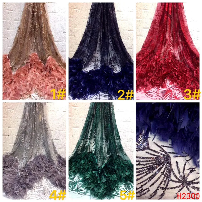 HFX Beautiful Feather Nigerian Lace French Net Sequin Lace Fabric For Nigerian Wedding Embroidery African Lace Fabric F2300