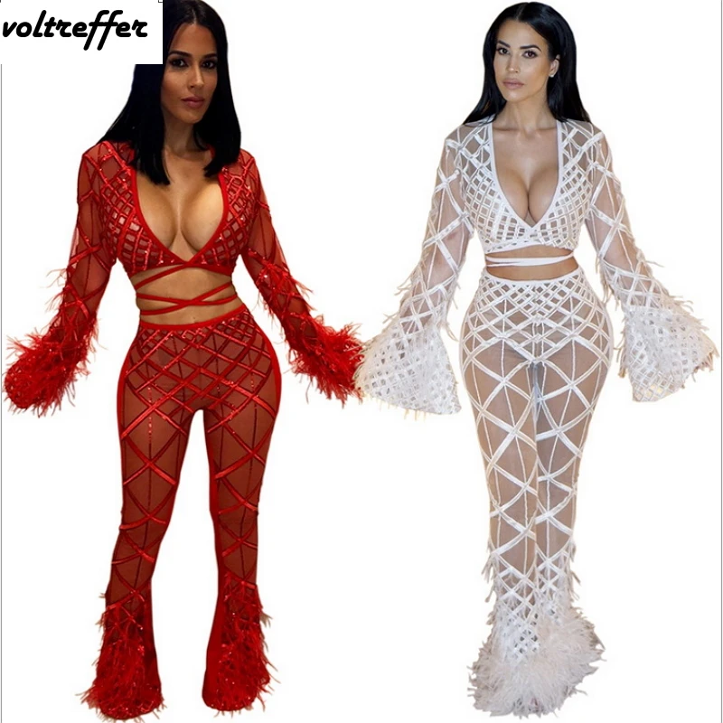 Flare Sleeve Ribbons Lace Up Crop Top Wide Leg Long Pants Two Piece Set See Through Glitter Outfits Sexy Sweat Suit Tassels 2019 | Женская