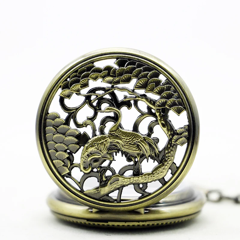 Antique Pine Tree Red Crowned Crane Embossed Mechanical Pocket Watch Vintage Gentleman Style Accessories Pendant Necklace Clock