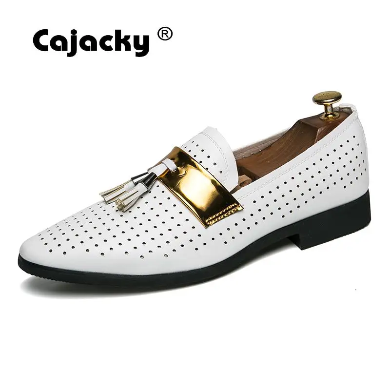 Cajacky Men loafers Luxury Brand Black White Tassel Loafers Summer Breathable Dress Shoes Hollow Out Wedding Party Smoking | Обувь