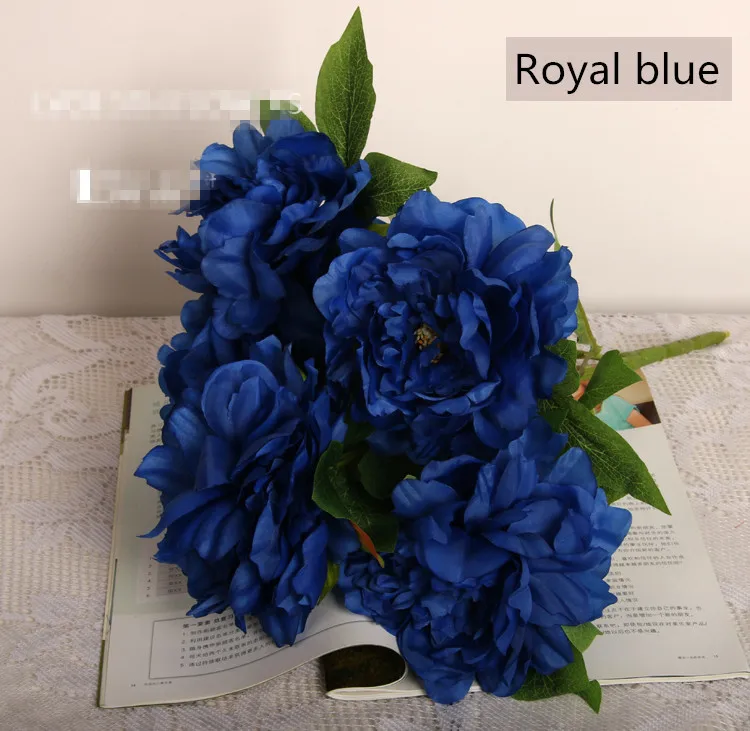 Royal blue 5 голов большой пион, искусственные цветы высококачественный Шелковый Свадебный букет домашние декоративные искусственные цветы подарок на день Святого Валентина - Цвет: Royal blue