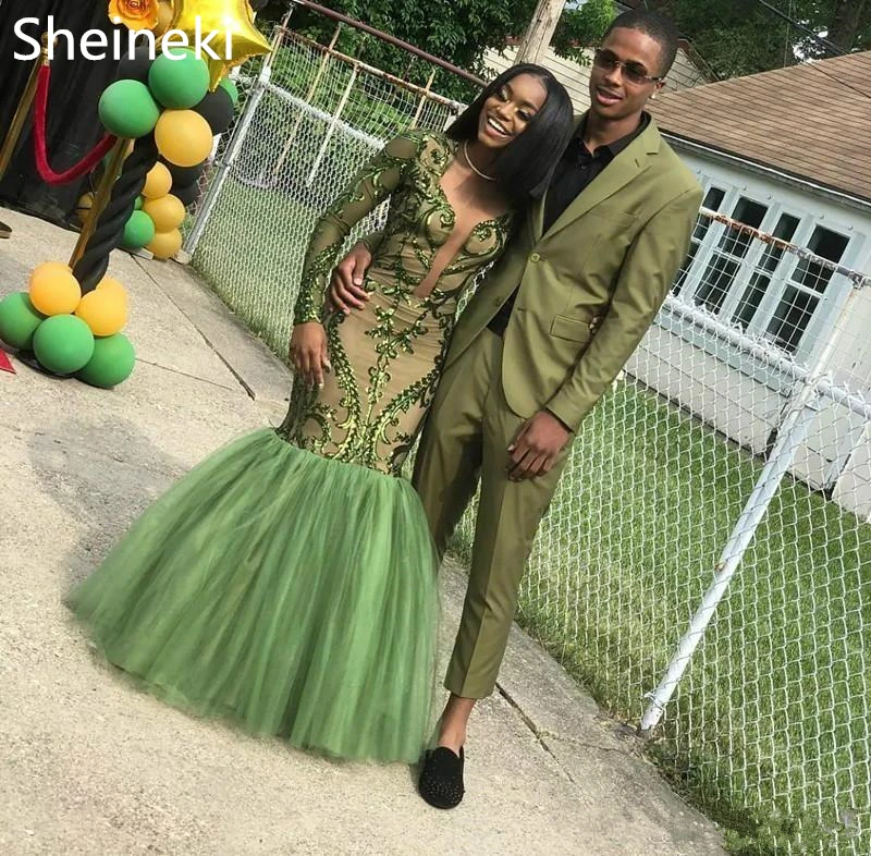 

Светоотражающие зеленые африканские платья русалки для выпускного вечера, длинные черные платья с длинными рукавами для девочек, 2019