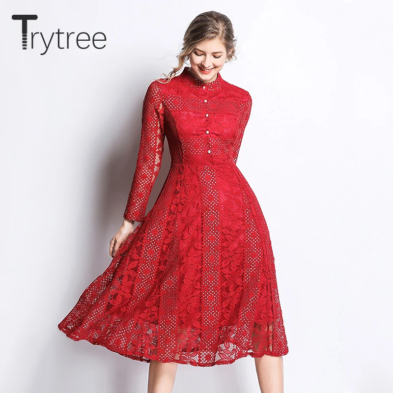 Платье Trytree женское с цветочным кружевом Элегантное повседневное ТРАПЕЦИЕВИДНОЕ