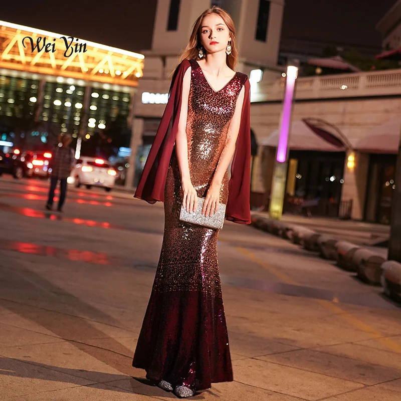 weiyin Wine Red Evening Dresses Long 2020 Sexy V-neck Sleeveless Sparkle Mermaid Sequin Gowns WY938 | Свадьбы и торжества