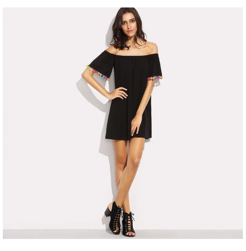 Женское платье 2018 с открытыми плечами коротким рукавом кисточкой Летний Сарафан