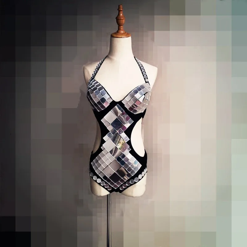 Silvery Gold Reflective mirror Bodysuit Sparkly Sequins Hollow Bodysuit Female Bar Singer DJ Costume Dancer Catwalk Stage Wear