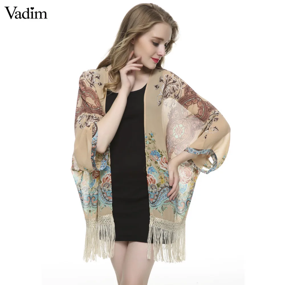 Женское шифоновое кимоно с цветочным принтом и кисточками свободный винтажный