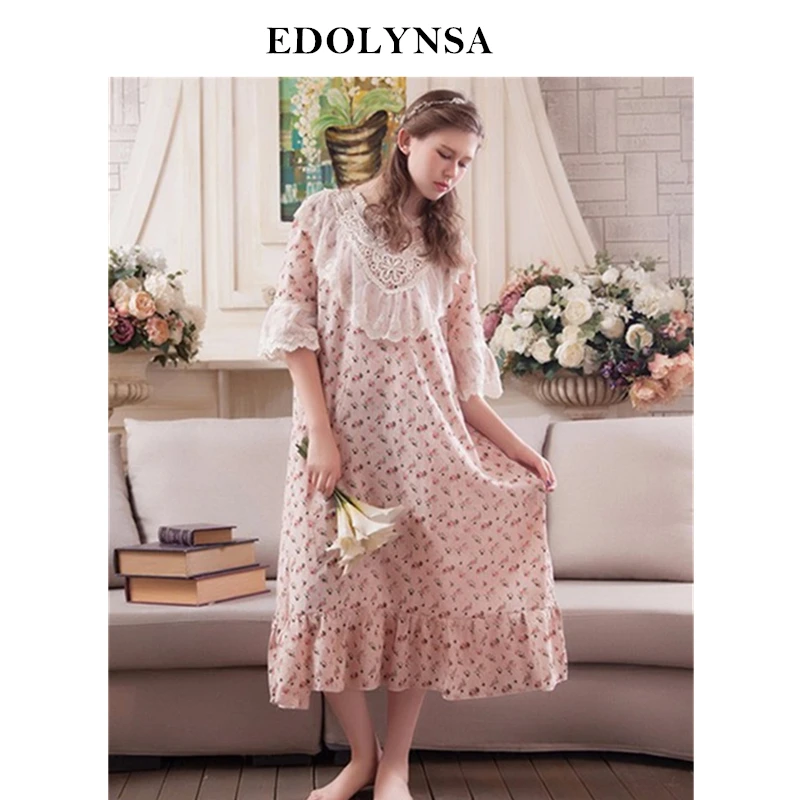 

New Arrivals Vintage Nightgowns Sleepshirts Elegant Home Dress Lace Sleepwear Women Sleep & Lounge Print Cotton Nightgown #H174