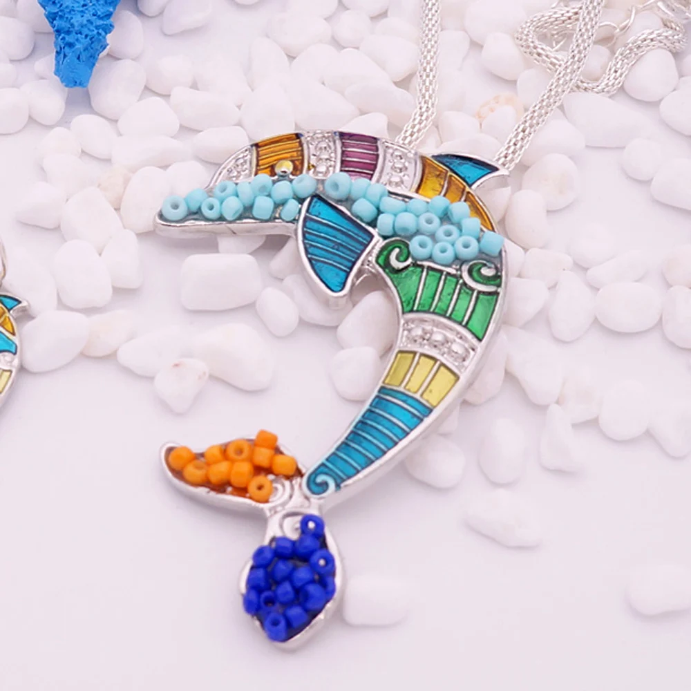 Free Fan Beaded Enamel Silver Dolphin Necklace Pendant Fashion Sea Animal Jewelry Accessories For Women Girls | Украшения и