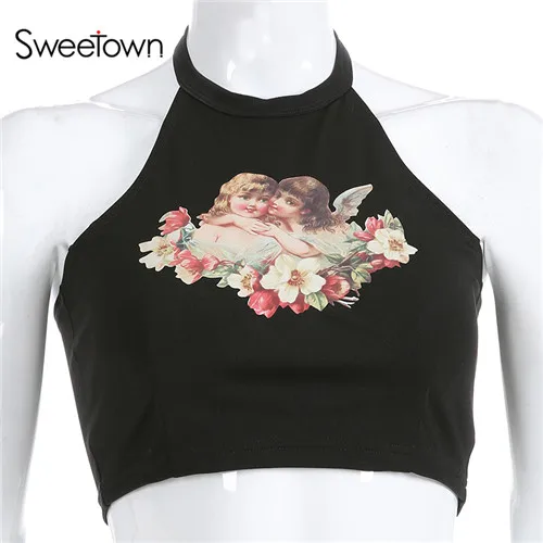 Sweetown черный ангельским рисунком Kawaii топ на бретельках с открытой спиной сексуальный бюстгальтер Лето Топы укороченный, женственный повязки вечерние Топ - Цвет: black