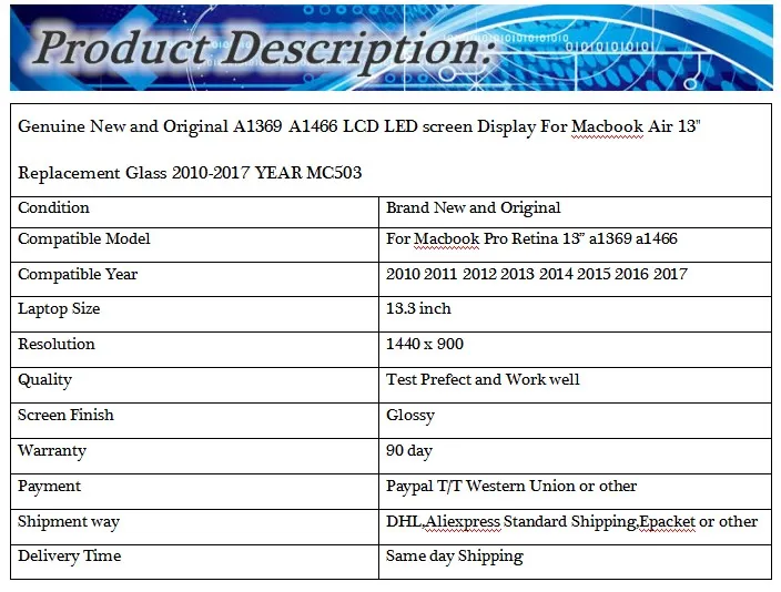 Подлинный и A1369 A1466 светодиодный ЖК-экран дисплей для Macbook Air 1" Замена стекла 2010- MC503