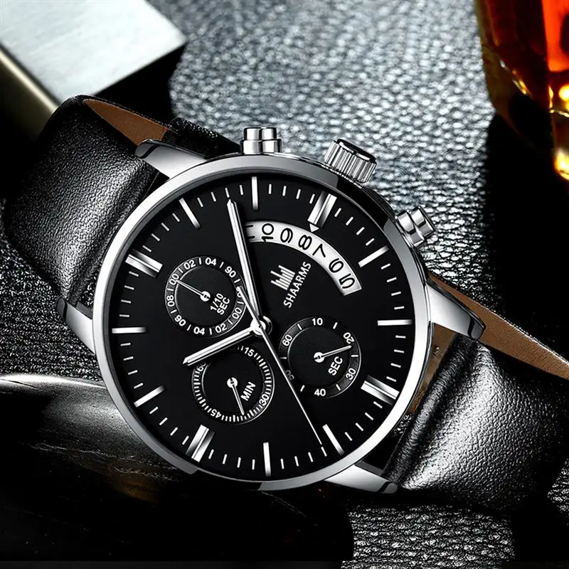 SHAARMS 2020 Military Sport Men Watch PU Leather Band Quartz Wristwatch Male Date Watches Black Clock Relogio Masculino | Наручные часы