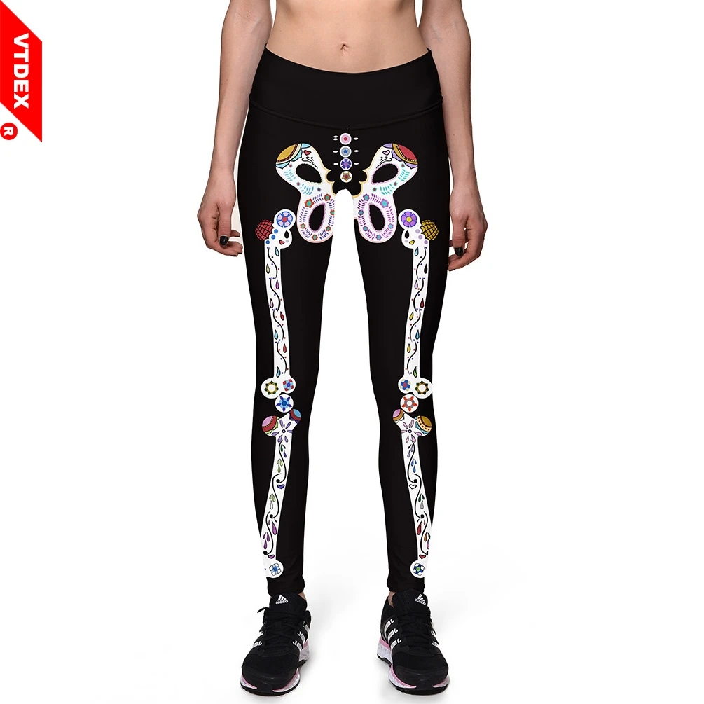 VTDEX черный Для женщин Спортивные Леггинсы многоцветный Скелет Pattern Slim Fit Штаны