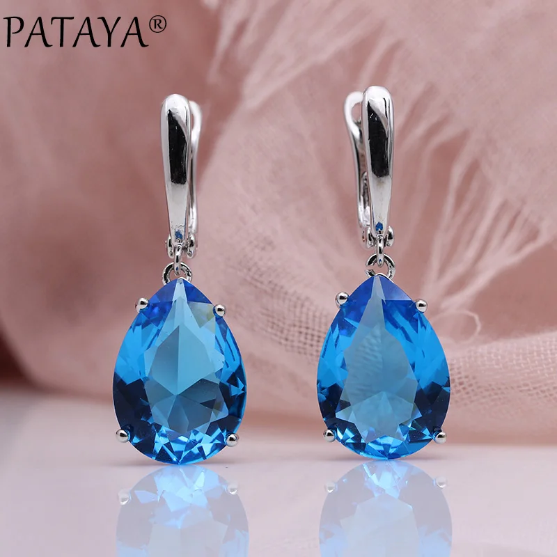 Sea Blue PATAYA, новинка, большие висячие серьги в виде капли воды, женские свадебные Роскошные модные ювелирные изделия, белое золото, дымчатый серый натуральный циркон, длинные серьги - Окраска металла: Sea Blue