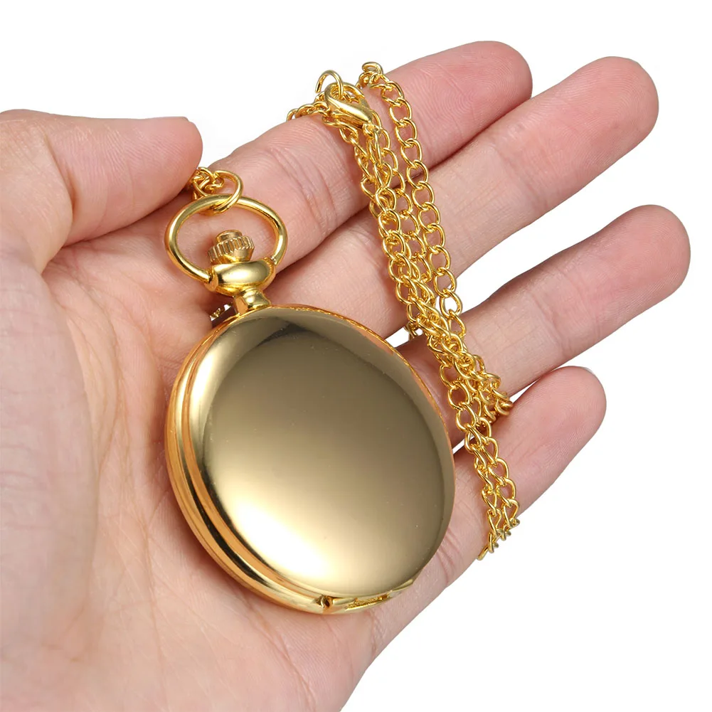 

1PC Men Women Quartz Pocket Watch Golden Polished Surface Case with Chain LL@17