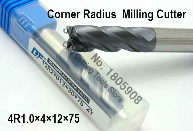 1PCS 4R1.0*4*12*75 Long 4mm 4 flutes Cemented Carbide Corner Radius endmill CNC router bit alloy milling cutter tool