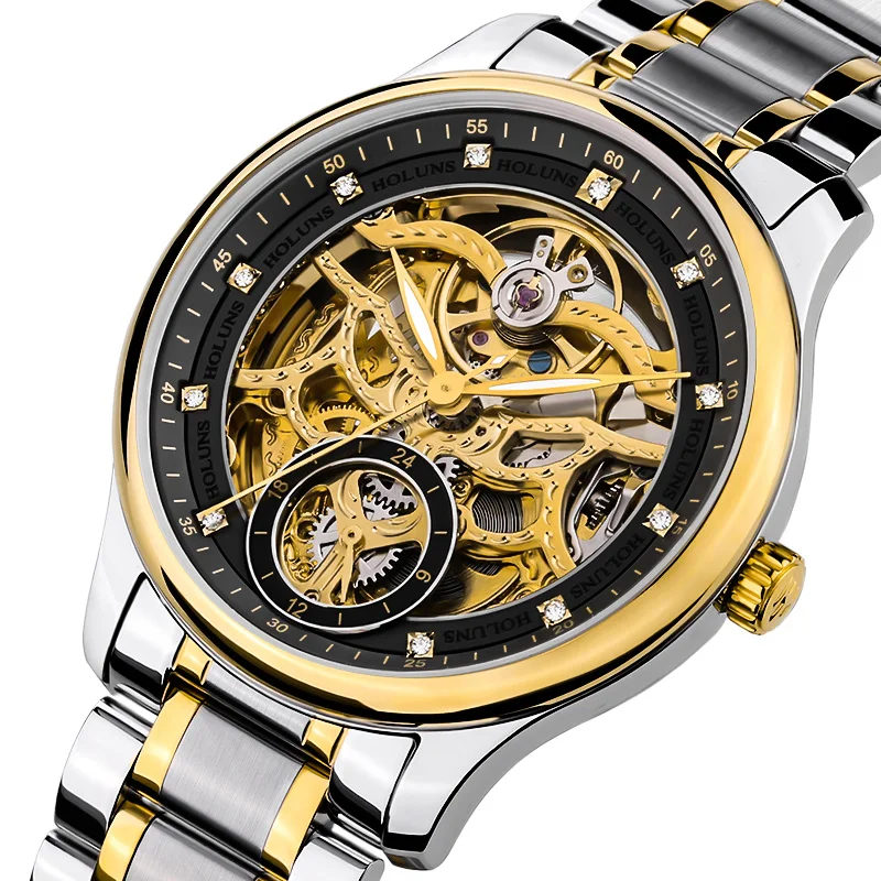 Holuns люксовый бренд Золото Скелет автоматические механические стимпанк мужские