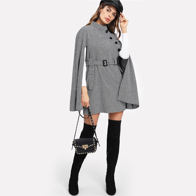 SHEIN Многоцветное Элегантное Модное Клетчатое Пончо С Поясом Винтажное Длинное Пальто На Пуговицах