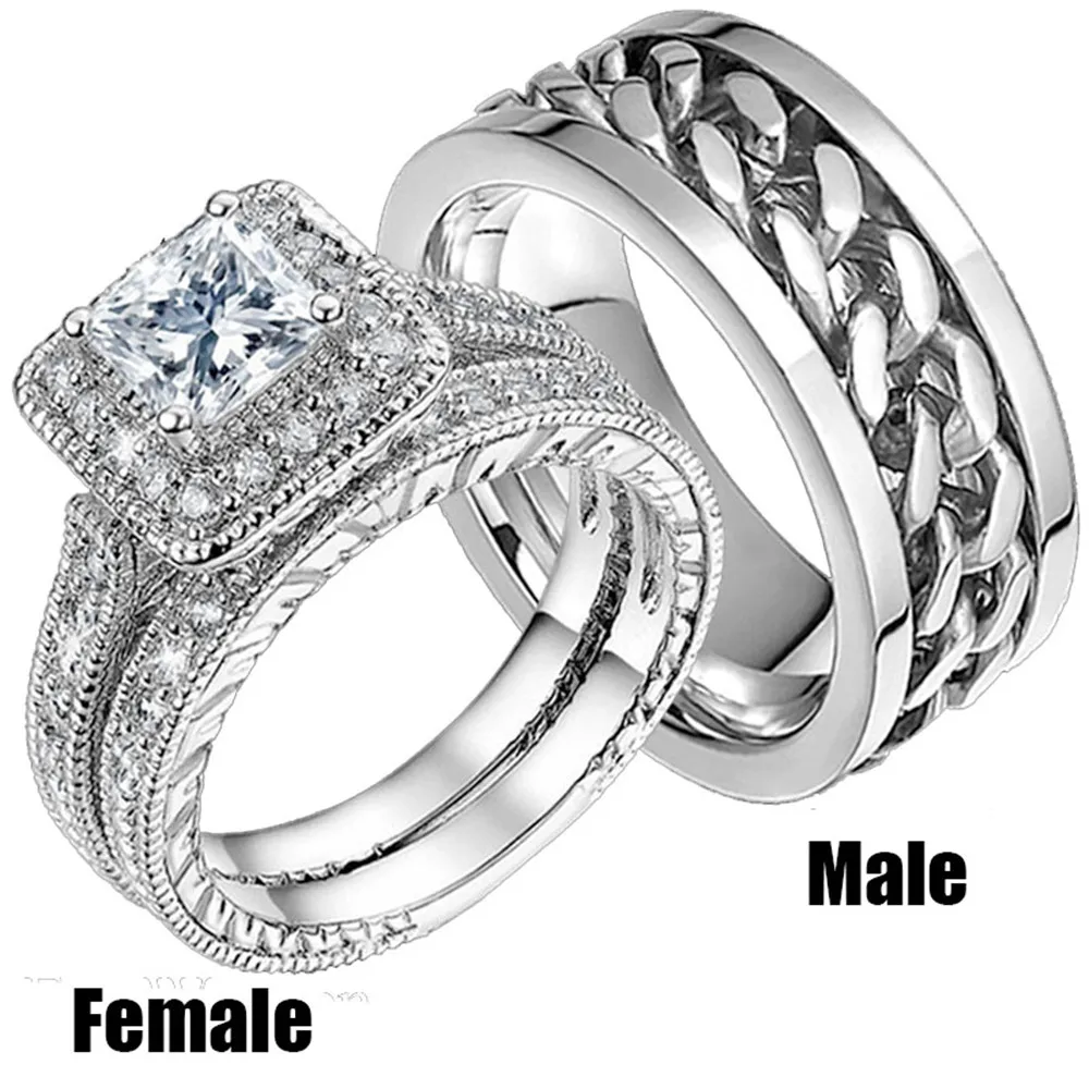 Black Silver Engagement Wedding Couples Ring Set Womens 2pcs Princess White CZ Blue Mens 316L Stainless Steel Jewelry - Цвет основного камня: Couple Black