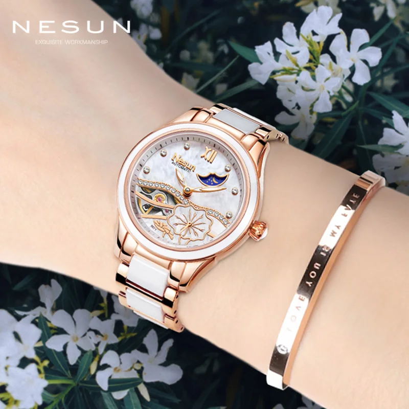 

Швейцарские брендовые механические Женские часы Nesun, роскошные керамические автоматические часы с керамическим браслетом для женщин, новы...