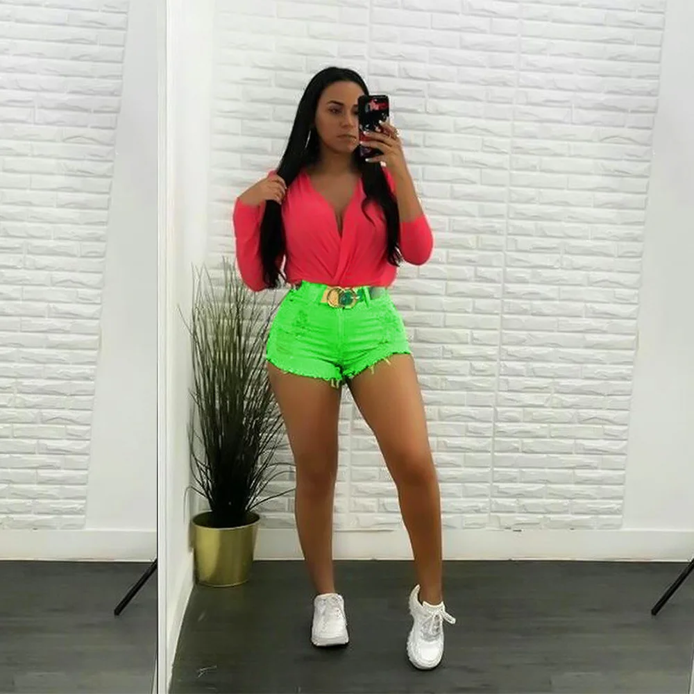 GBYXTY, короткие, mujer verano, сексуальные, неоновые, цветные, джинсовые шорты, высокая талия, рваные, джинсовые шорты,, летние, женские, обтягивающие шорты ZL273