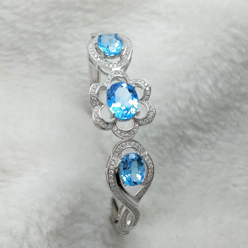FLZB Big Flower Design 925 Sterling Silver Bangle 18k White Gold Plated with Good Color Natural Blue Topaz 12.8ct Women gift | Украшения и
