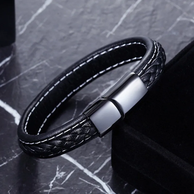 new Men Jewelry Punk Black Braided Geunine real Leather Bracelet Stainless Steel Magnetic Buckle Fashion Bangles | Украшения и