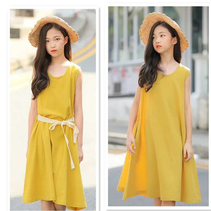 6 to 10 years kids &amp big girls summer cotton linen sleeveless flare casual solid dress children fashion brief dresses | Детская