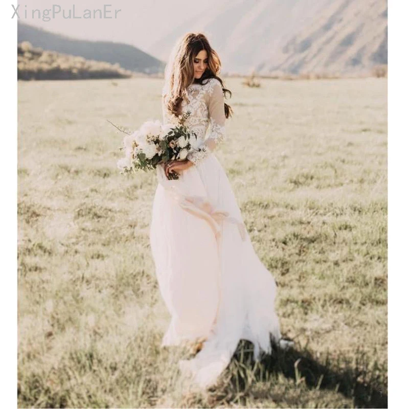 

Simple Beach Lace Wedding Dresses Country Long Sleeves Bridal Gowns Floor Length Summer Boho Hippie Western Wedding Gowns