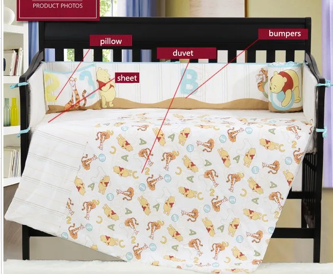 4PCS embroidery Baby Bedding Set Crib Bumper 100% Cotton Printing Crib Bedding Set Bed , include(bumper+duvet+sheet+pillow)