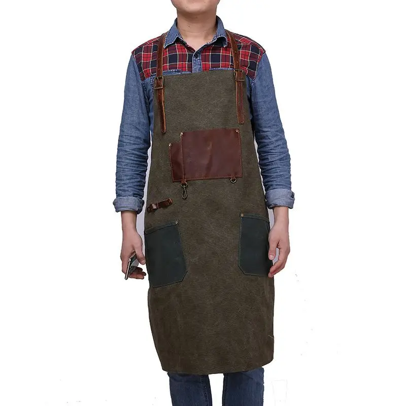 

Vintage Canvas Working Apron Genuine Leather Strap Wear-Resistant Carpenter/Gardner Apron Unisex Coffee Shop Bartender Apron