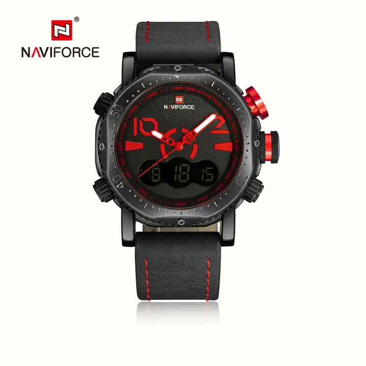 BLACK BLACK RED NAVIFORCE Военный Спортивный Двойной кварцевый светодиодный цифровой аналоговый часы оранжевый кожаный ремешок водонепроницаемые мужские часы лучший бренд класса люкс - Цвет: BLACK BLACK RED