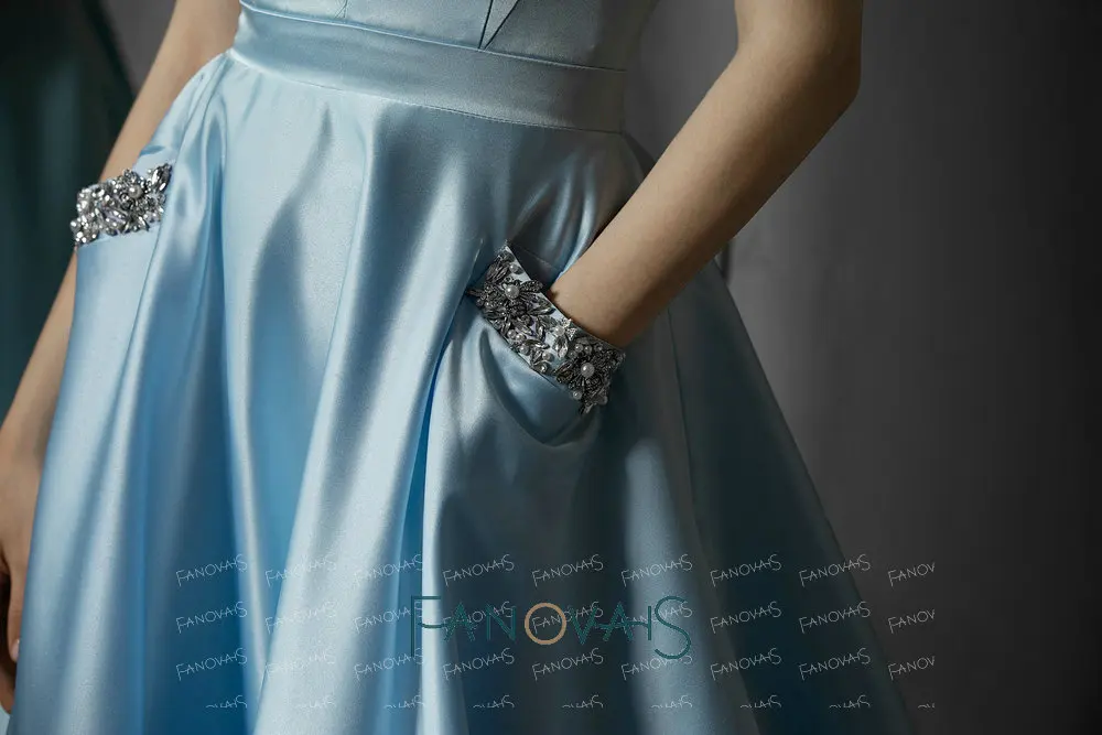 Синий Атлас вечерние платья простое платье выпускного вечера с карманами Vestidos de