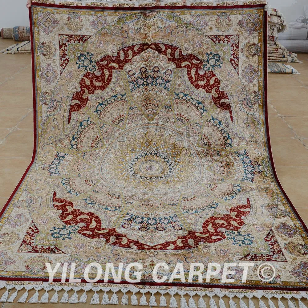 

Yilong 5.6'x8.2' Antique kashan persian carpets beige red hand knotted silk oriental rug (1856)